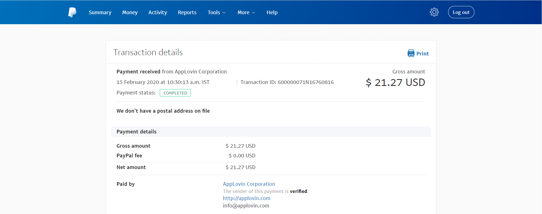 AppLovin Payment Proof