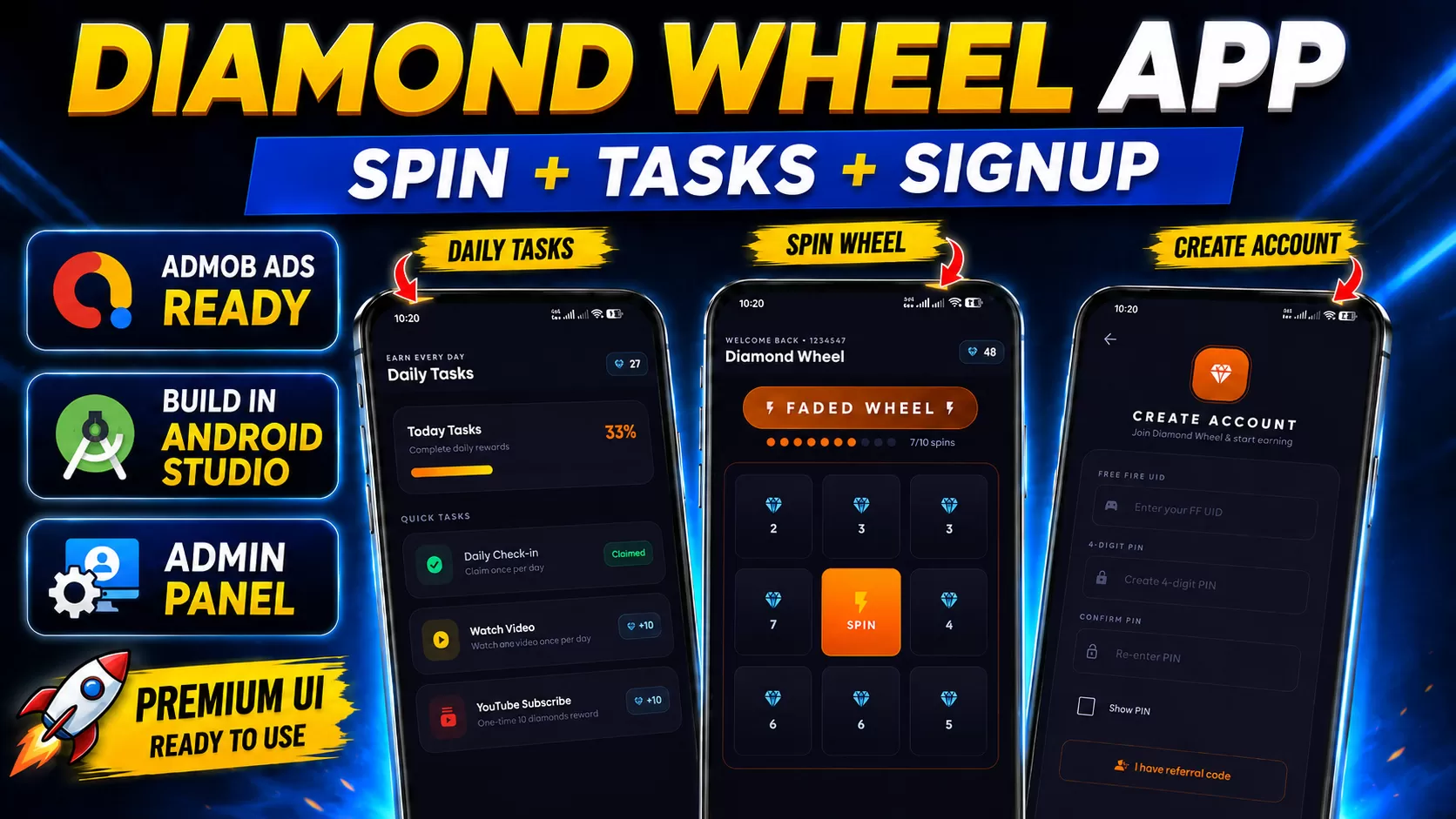 Diamond Wheel Reward App With Admin Panel | Android Studio - AIAKART