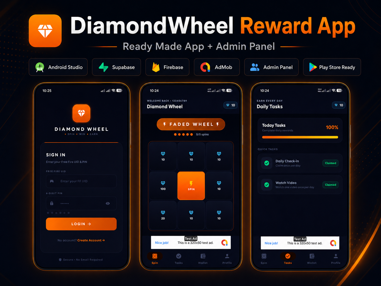 Diamond Wheel Reward App With Admin Panel | Android Studio